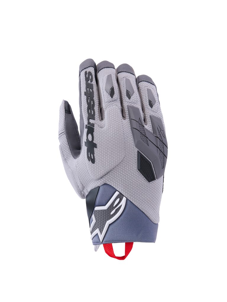 Alpinestars Durack Gloves, guantes de moto unisex, gris con detalles negros, diseño texturizado, logo en dedo índice, protección reforzada en palma, lengüeta roja en muñeca
