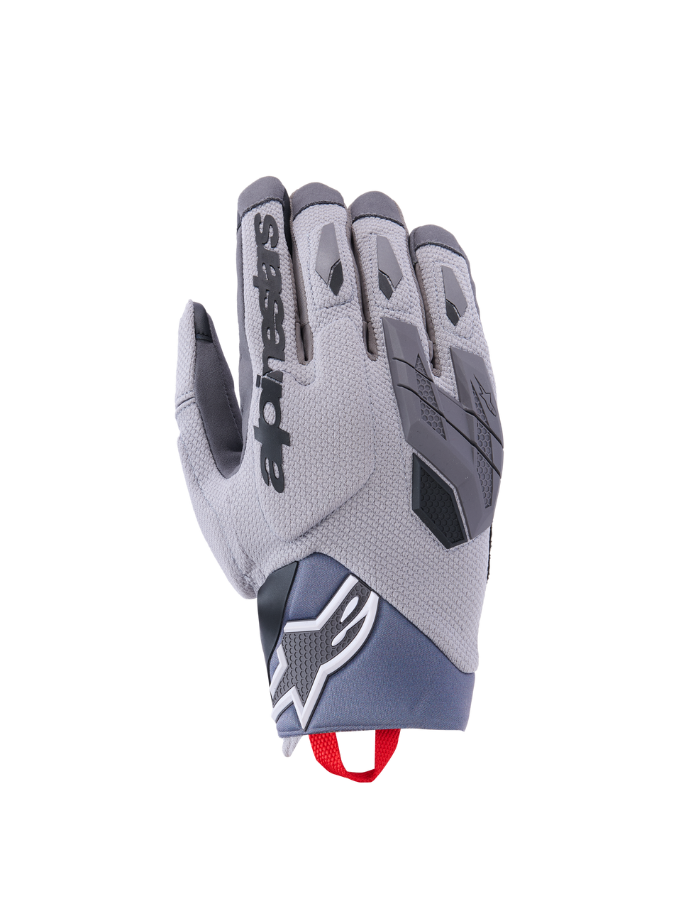 Guantes Alpinestars Durack, guantes de moto, gris oscuro y gris medio, dorso de spandex texturizado, protección de nudillos de TPR, logotipo de Alpinestars en la muñeca, tirador rojo, equipamiento moderno para conducción de aventura