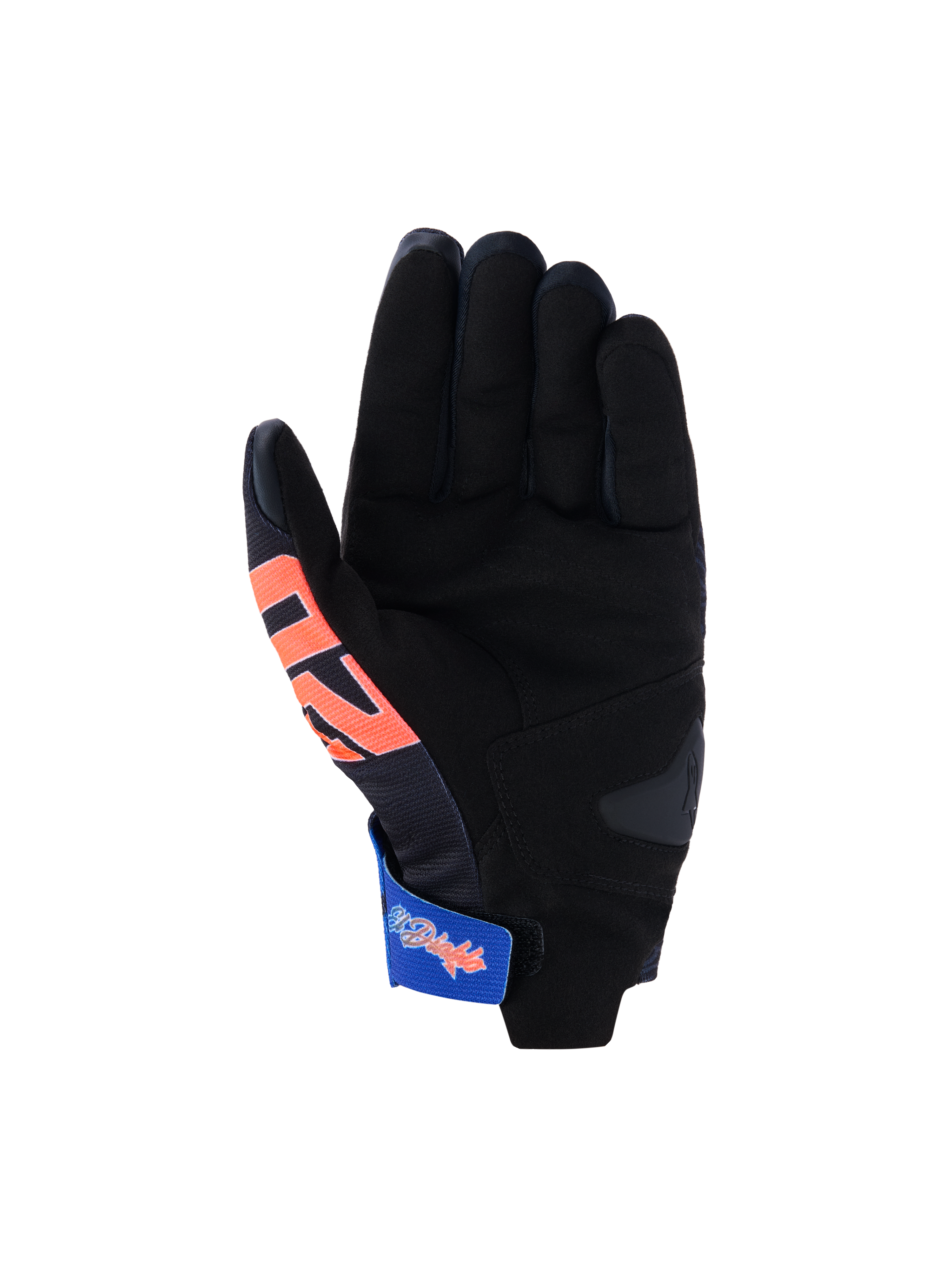 Alpinestars FQ20 Reef V2 Monster Gloves, Motorcycle Gloves, Black with Red and Blue accents, palm view featuring synthetic suede, padded reinforcement, and a blue adjustable wrist strap with graphics, short cuff racing and sport design