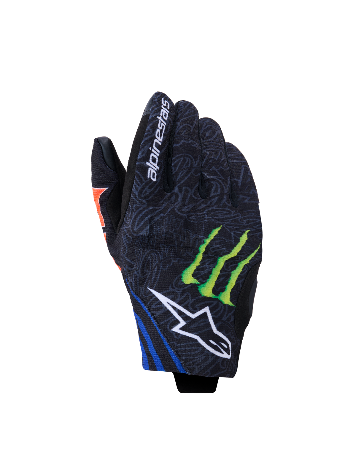 Alpinestars FQ20 Reef V2 Monster Gloves, Motorcycle Gloves, Black with Red Fluo, Blue and Green accents, featuring Monster Energy claw logo and white Alpinestars star logo, short cuff design with grey patterned textile