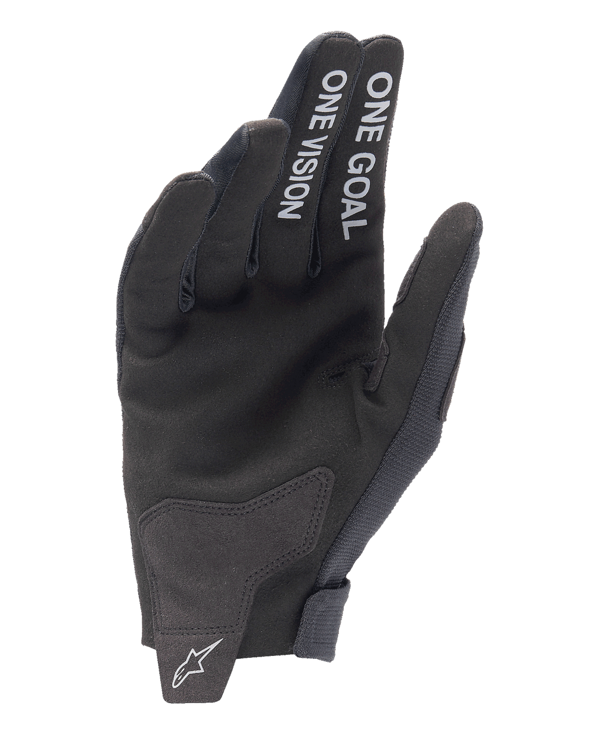 Guantes Alpinestars Radar 2025, guantes de motocross, negro, vista de la palma con el texto blanco 'ONE GOAL' y 'ONE VISION' en los dedos, palma de ante sintético, logotipo de estrella blanca en el cierre de muñeca sin costuras, diseño minimalista para off-road