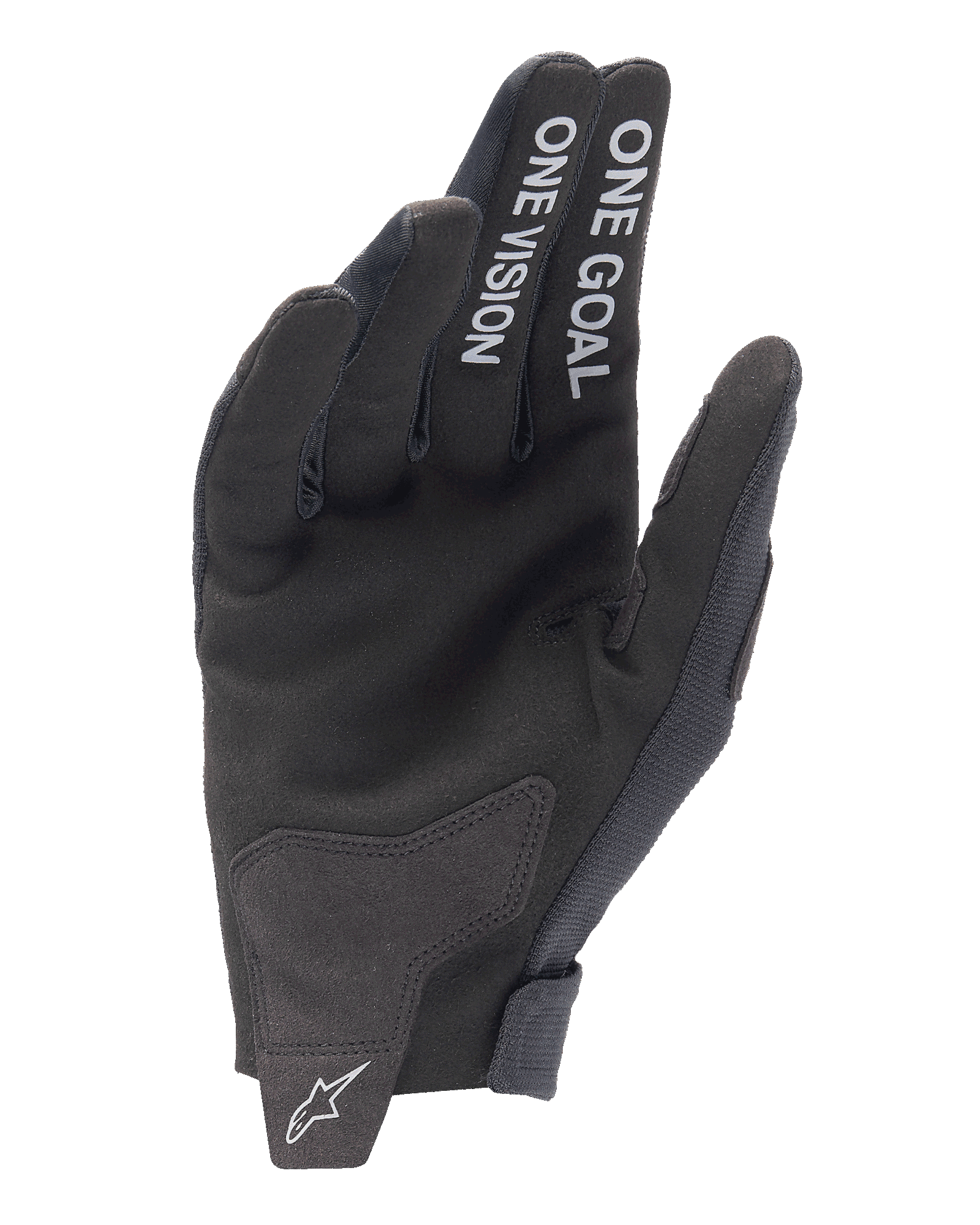Guantes Alpinestars Radar 2025, guantes de motocross, negro, vista de la palma con el texto blanco 'ONE GOAL' y 'ONE VISION' en los dedos, palma de ante sintético, logotipo de estrella blanca en el cierre de muñeca sin costuras, diseño minimalista para off-road