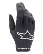 Guantes Alpinestars Radar 2025, guantes de motocross, negros, logo de Alpinestars blanco en el dorso y marca denominativa en la muñeca, material de malla transpirable con refuerzo de pulgar perforado, equipo ligero para carreras off-road