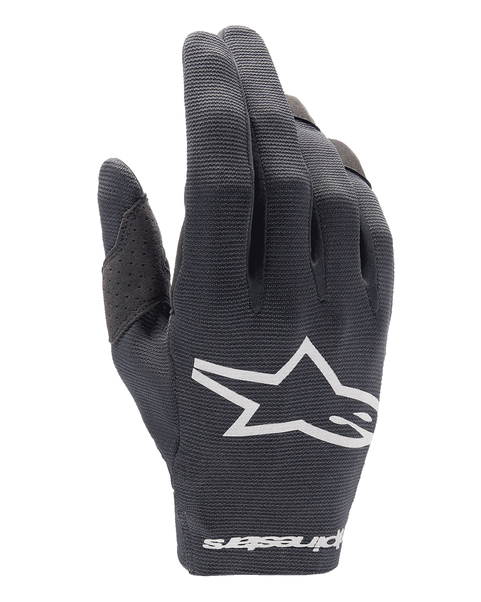 Guantes Alpinestars Radar 2025, guantes de motocross, negros, logo de Alpinestars blanco en el dorso y marca denominativa en la muñeca, material de malla transpirable con refuerzo de pulgar perforado, equipo ligero para carreras off-road