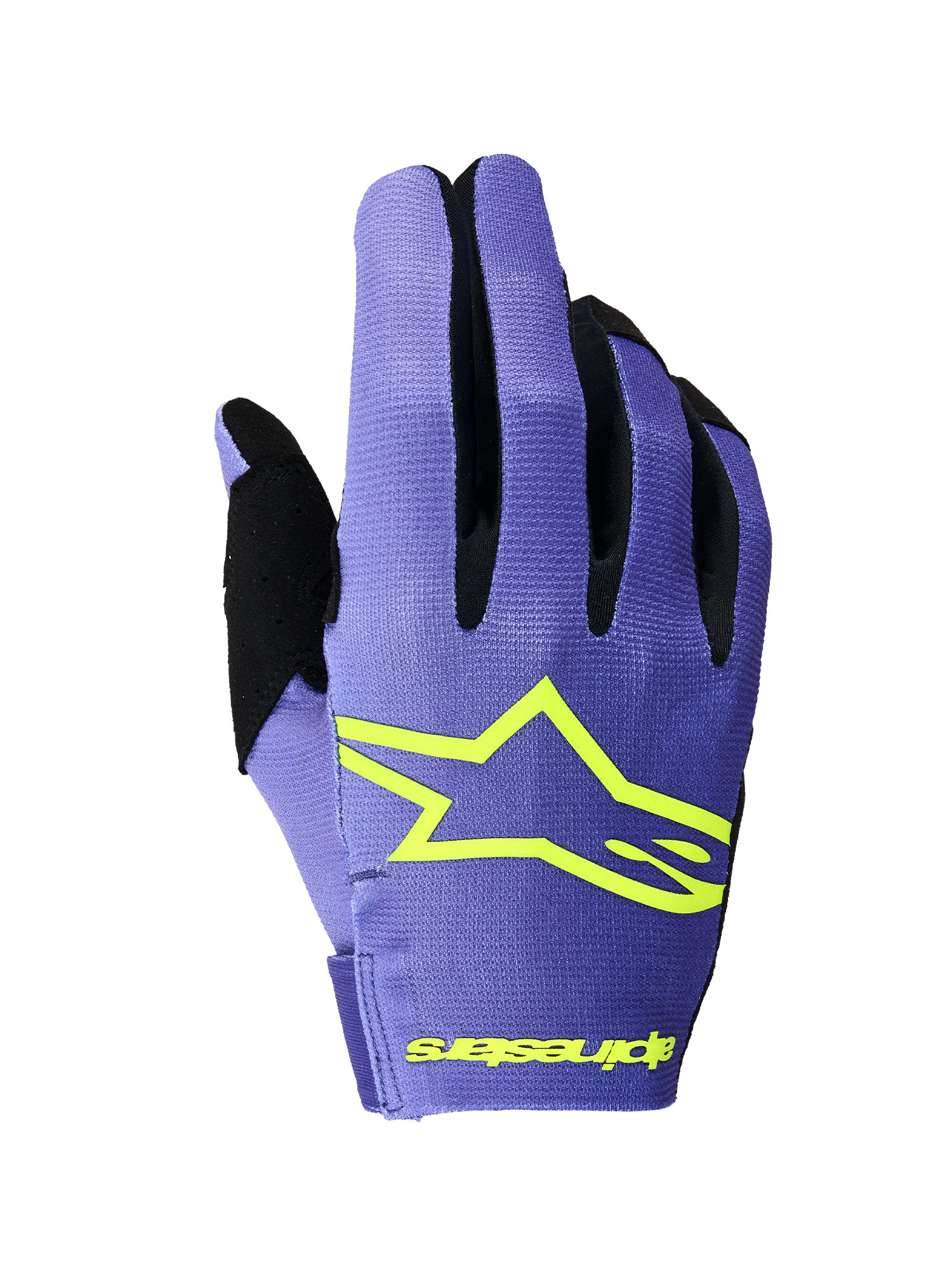 Alpinestars 2026 Radar Gloves, guantes de motocross, morado y amarillo flúor, vista del dorso con un prominente logotipo de estrella de Alpinestars en amarillo, refuerzos negros entre los dedos y construcción de tejido elástico ligero para competición off-road