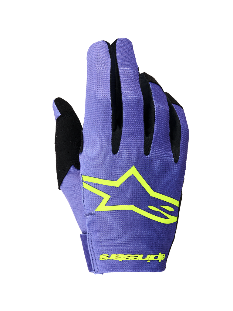 Alpinestars 2026 Radar Gloves, guantes de motocross, morado y amarillo flúor, vista del dorso con un prominente logotipo de estrella de Alpinestars en amarillo, refuerzos negros entre los dedos y construcción de tejido elástico ligero para competición off-road