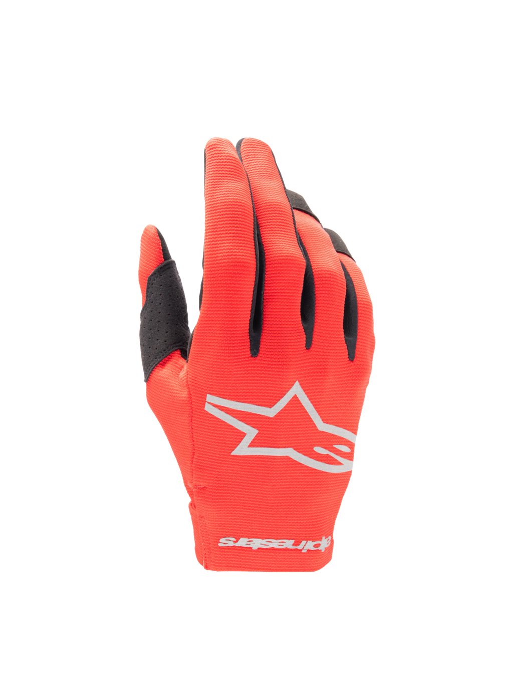 Alpinestars Radar 2025, guantes de motocross en rojo y plateado con dorso elástico y logotipo de estrella