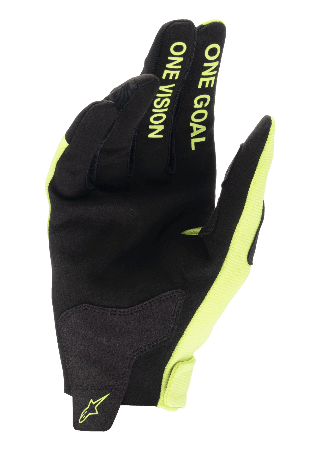 Alpinestars guantes Radar 2025, guantes de motocross amarillos fluo y negros con palma de ante y texto One Goal One Vision.