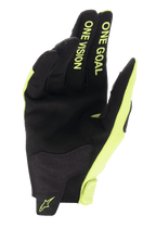 Alpinestars guantes Radar 2025, guantes de motocross amarillos fluo y negros con palma de ante y texto One Goal One Vision.