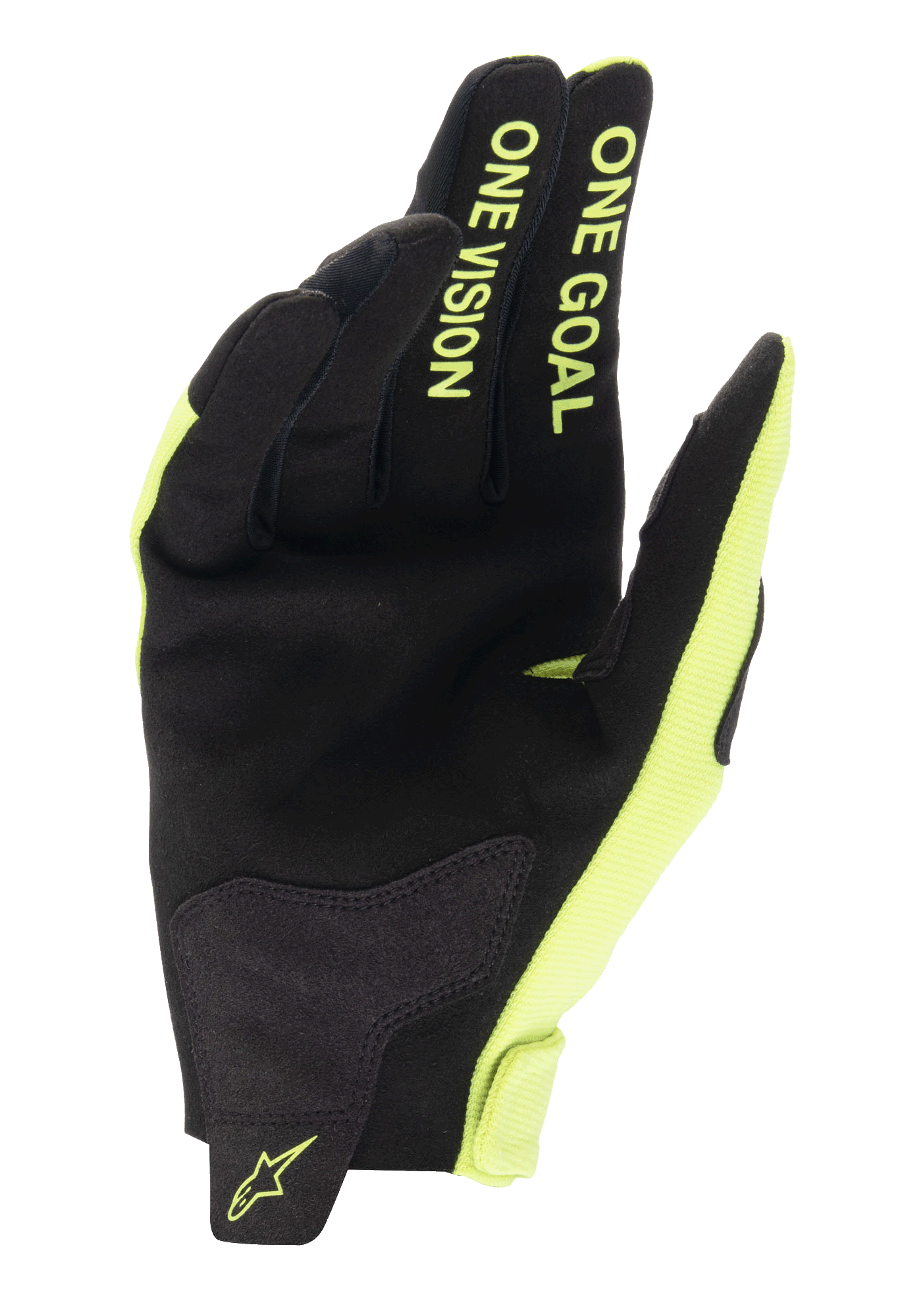 Alpinestars guantes Radar 2025, guantes de motocross amarillos fluo y negros con palma de ante y texto One Goal One Vision.
