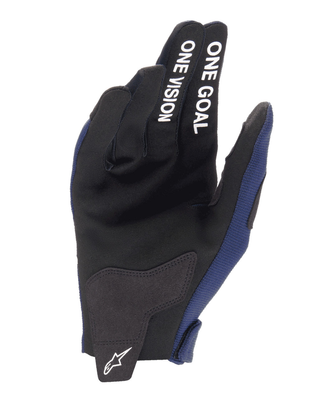 Alpinestars 2025 Radar Gloves, guantes de motocross, azul marino noche y blanco, vista de la palma con refuerzos de ante sintético y texto blanco 'ONE GOAL ONE VISION' en los dedos, logotipo blanco de Alpinestars en la lengüeta de cierre