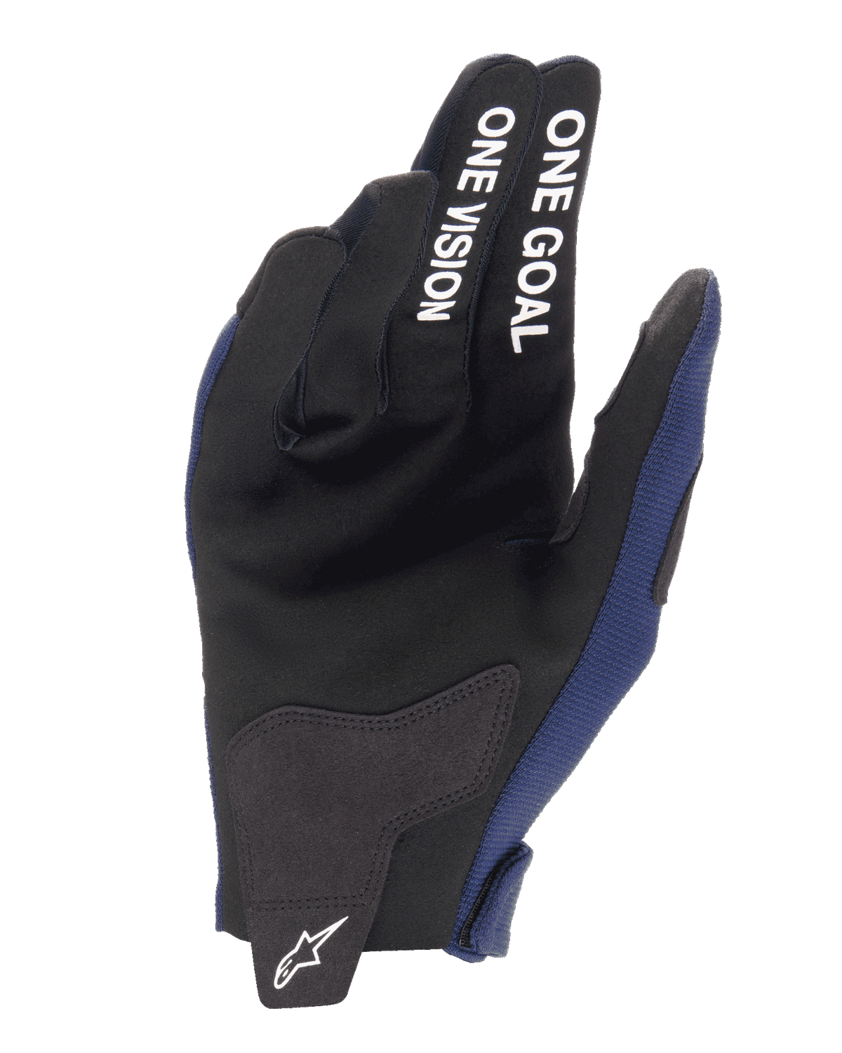 Alpinestars 2025 Radar Gloves, guantes de motocross, azul marino noche y blanco, vista de la palma con refuerzos de ante sintético y texto blanco 'ONE GOAL ONE VISION' en los dedos, logotipo blanco de Alpinestars en la lengüeta de cierre