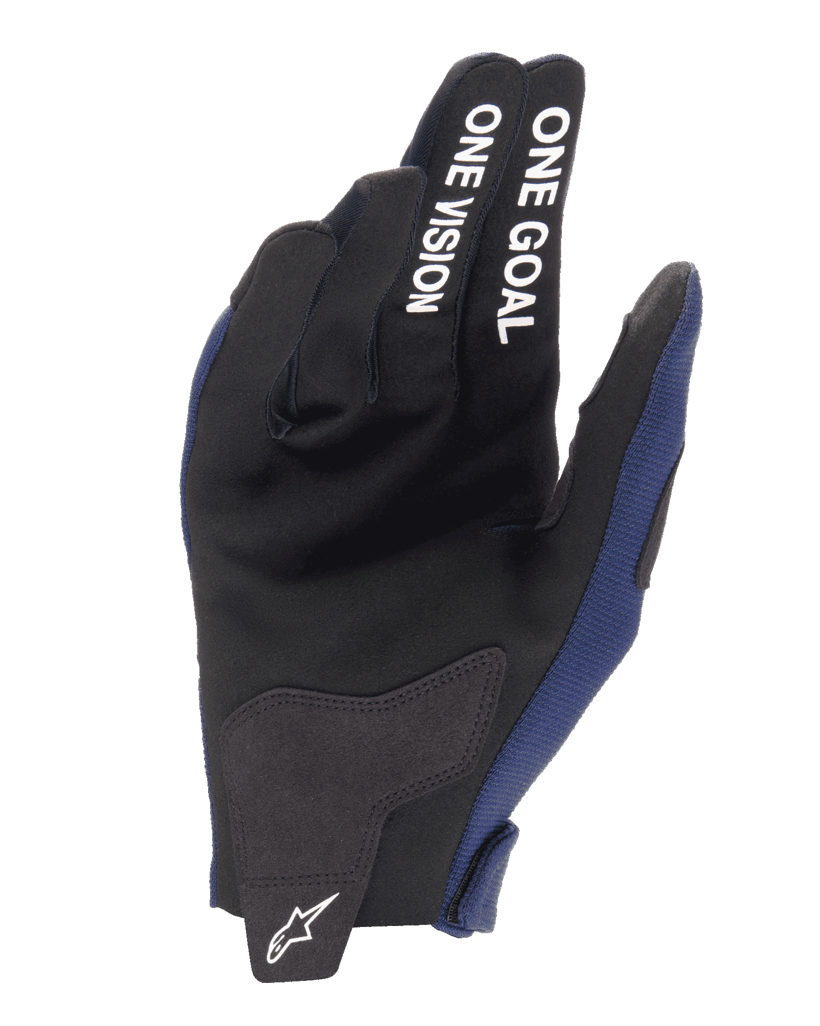 Alpinestars 2025 Radar Gloves, guantes de motocross, azul marino noche y blanco, vista de la palma con refuerzos de ante sintético y texto blanco 'ONE GOAL ONE VISION' en los dedos, logotipo blanco de Alpinestars en la lengüeta de cierre