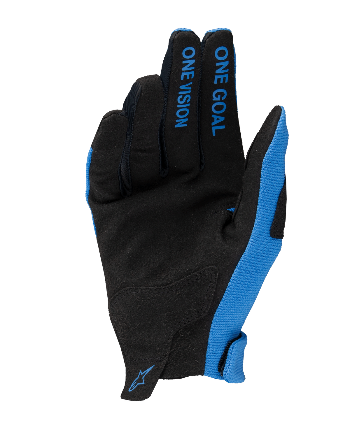 Guantes Alpinestars Radar 2025, guantes de motocross, azul y negro, vista de la palma con ante sintético, texto 'ONE GOAL ONE VISION' en los dedos, paneles laterales azules y pequeño logo en la muñeca, diseño ligero para carreras todoterreno