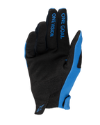 Guantes Alpinestars Radar 2025, guantes de motocross, azul y negro, vista de la palma con ante sintético, texto 'ONE GOAL ONE VISION' en los dedos, paneles laterales azules y pequeño logo en la muñeca, diseño ligero para carreras todoterreno