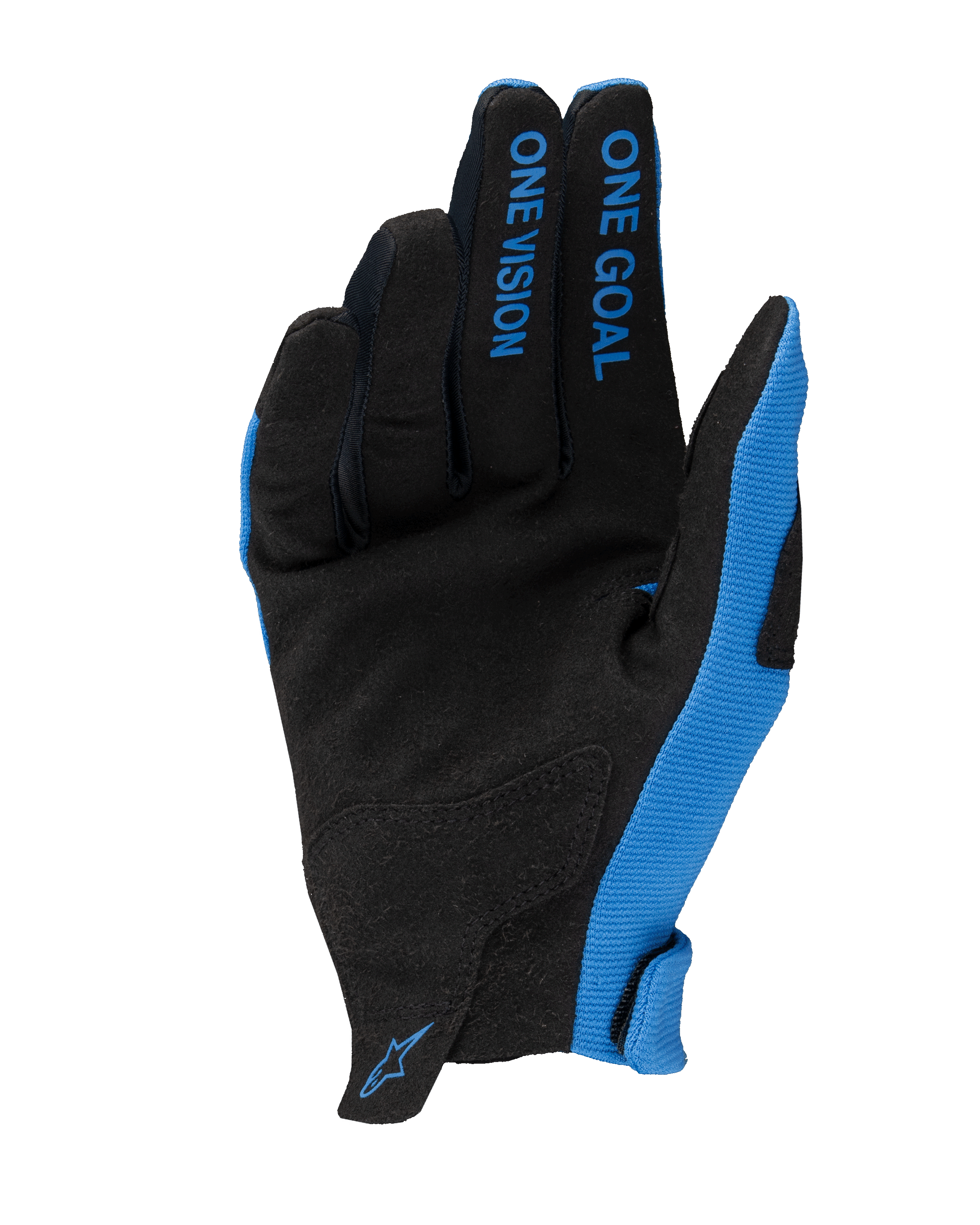 Guantes Alpinestars Radar 2025, guantes de motocross, azul y negro, vista de la palma con ante sintético, texto 'ONE GOAL ONE VISION' en los dedos, paneles laterales azules y pequeño logo en la muñeca, diseño ligero para carreras todoterreno