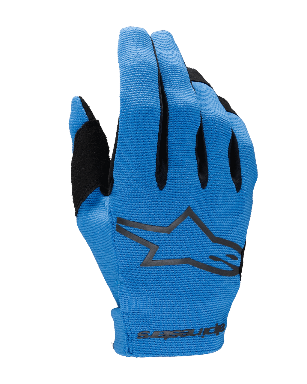Guantes Alpinestars Radar 2025, guantes de motocross, azules y negros, vista del dorso con tejido elástico texturizado, logotipo de estrella de Alpinestars grande en negro, zona del pulgar reforzada y cierre de muñeca sin costuras con la marca
