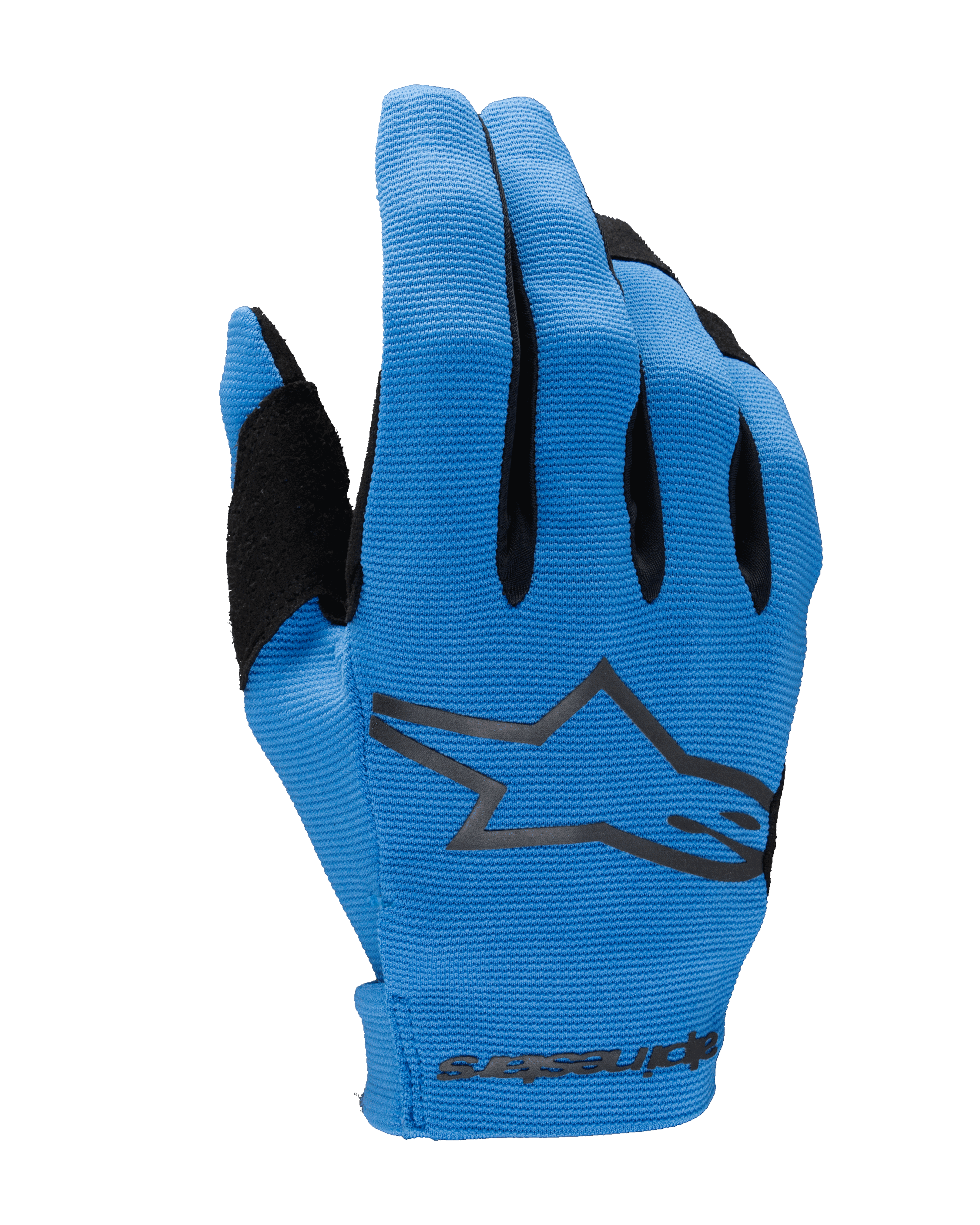 Guantes Alpinestars Radar 2025, guantes de motocross, azules y negros, vista del dorso con tejido elástico texturizado, logotipo de estrella de Alpinestars grande en negro, zona del pulgar reforzada y cierre de muñeca sin costuras con la marca