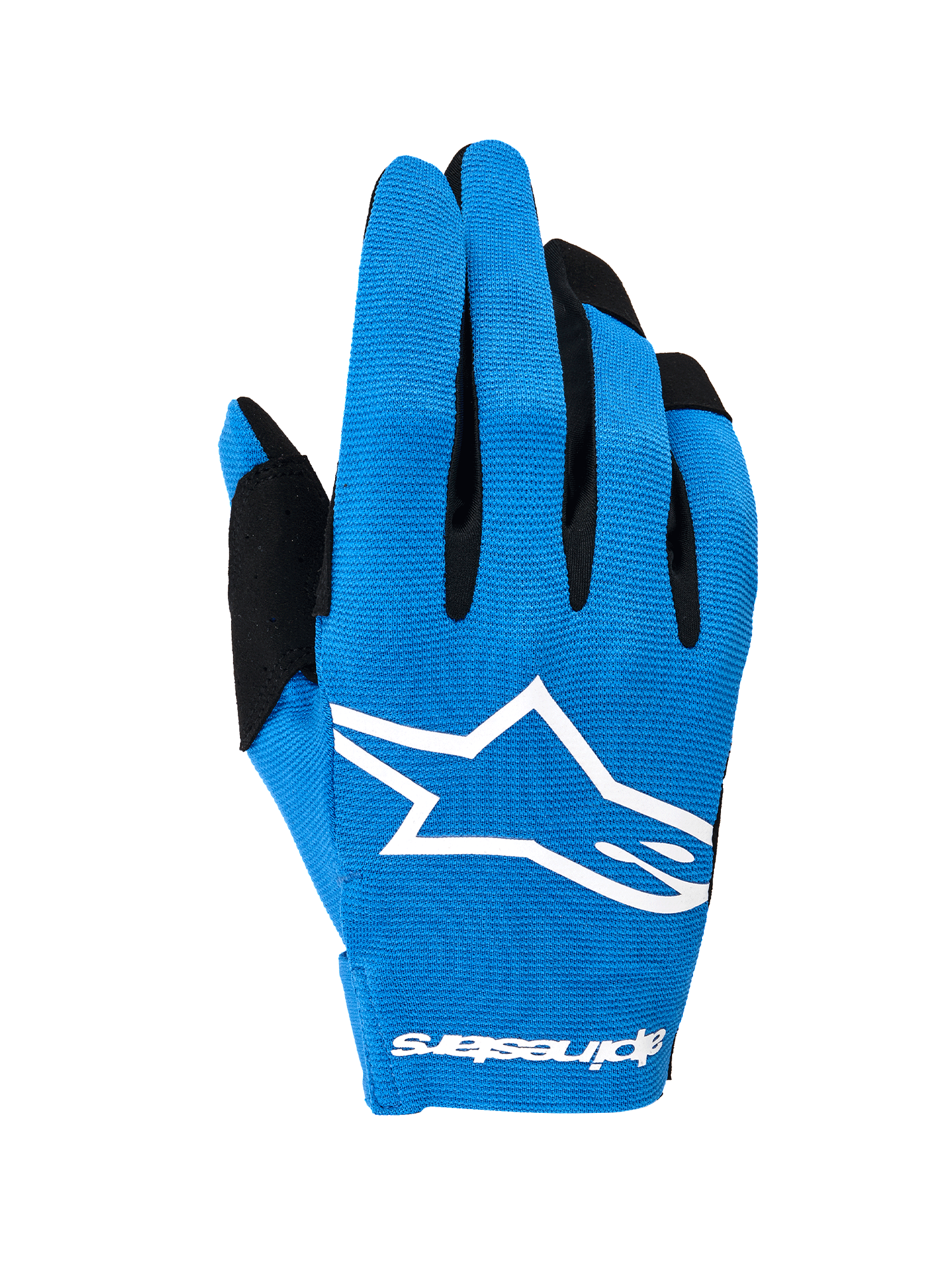 Guantes Alpinestars Radar 2026, guantes de motocross, azul y blanco, con dorso elástico de una sola capa, un gran logotipo Astars blanco, detalles negros en los dedos, diseño ligero de alto rendimiento para conducción fuera de carretera