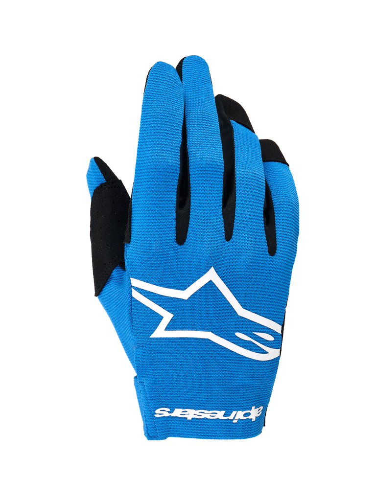 Guantes Alpinestars Radar 2026, guantes de motocross, azul y blanco, con dorso elástico de una sola capa, un gran logotipo Astars blanco, detalles negros en los dedos, diseño ligero de alto rendimiento para conducción fuera de carretera