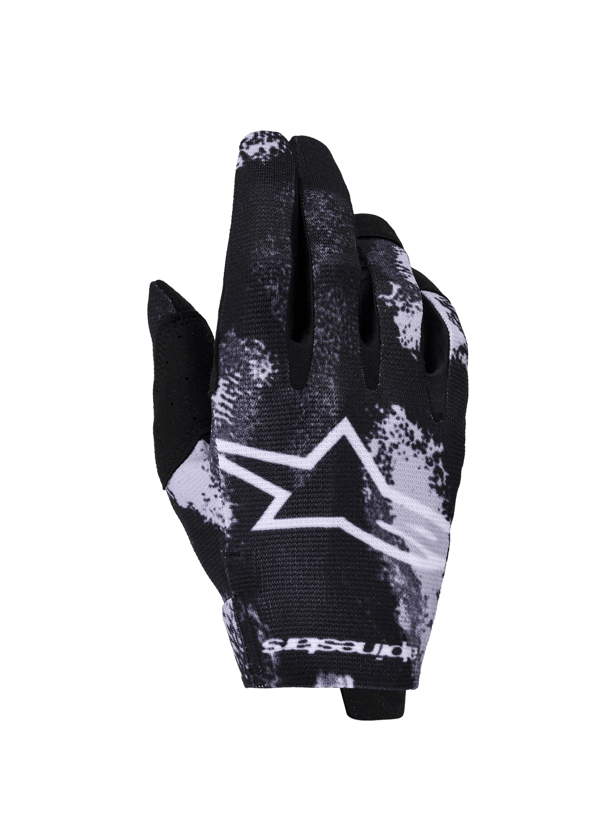 Guantes Alpinestars Radar 2026, guantes de motocross, Iron Camo en blanco y negro, con un logotipo de estrella blanca grande, patrón de camuflaje sublimado y tejido elástico ligero para carreras todoterreno