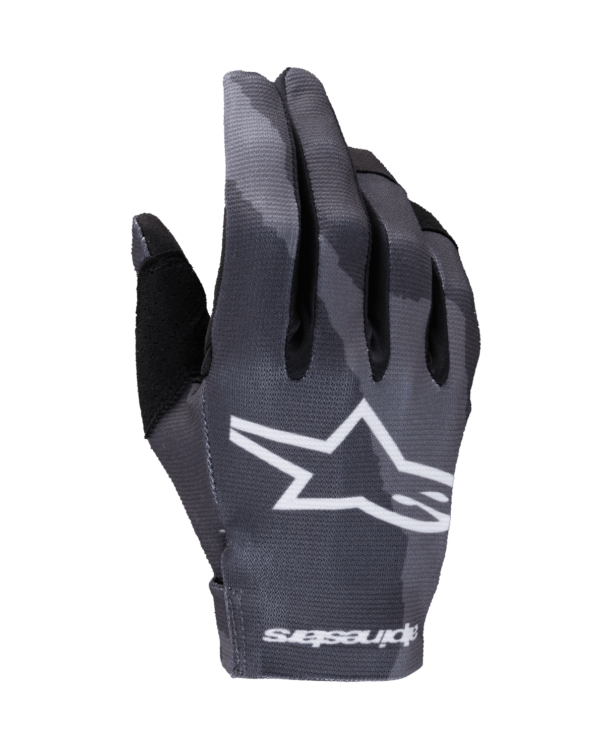 Guantes Alpinestars Radar 2025, guantes de motocross, diseño de camuflaje oscuro en tonos grises, con un gran logotipo de estrella blanca en el dorso y texto Alpinestars en el puño, construcción ligera y elástica para rendimiento todoterreno