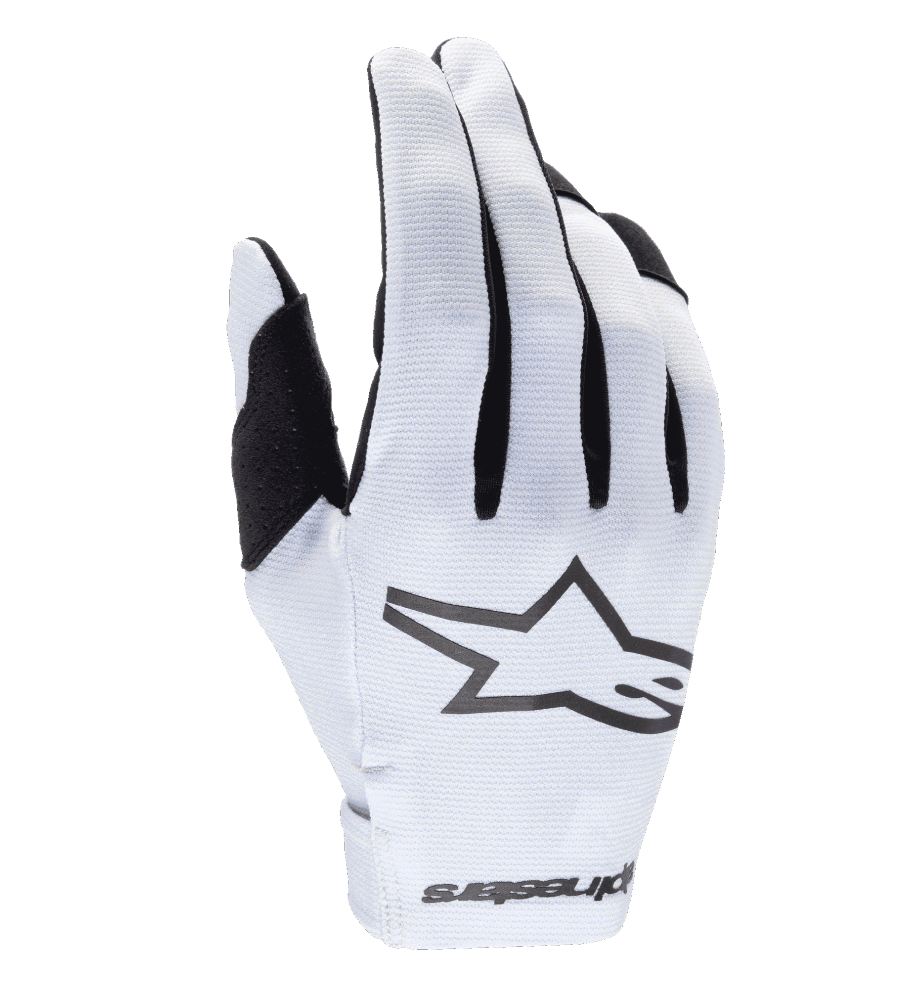 Guantes Alpinestars Radar 2025, guantes de motocross, blancos y negros, con dorso sintético texturizado y un logotipo de estrella negro prominente, detalles negros entre los dedos, cierre de muñeca sin costuras con marca, diseño ligero y ajustado para carreras todoterreno