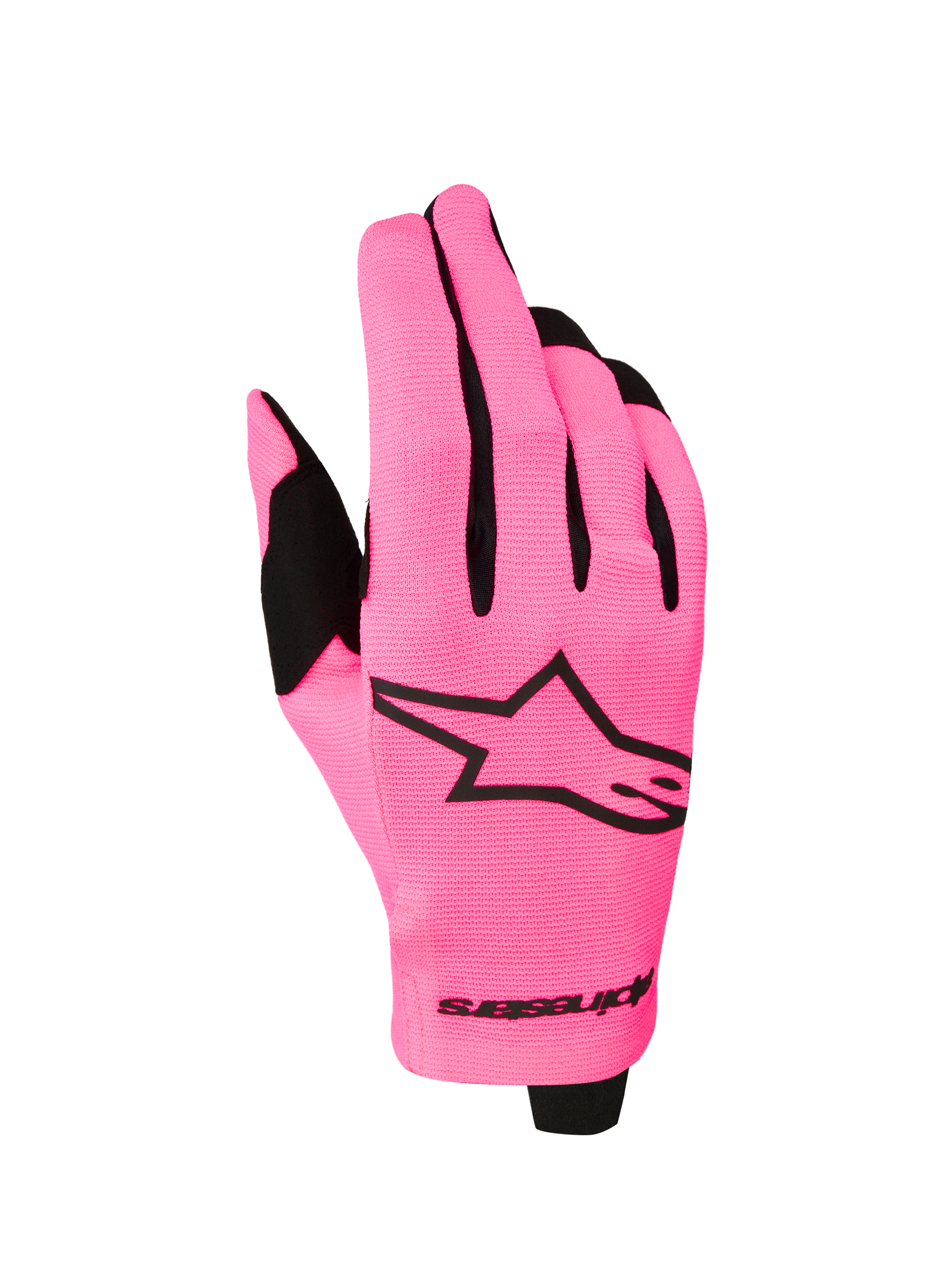 Alpinestars Radar 2027, guantes de moto para motocross, rosa flúor y negros, construcción ligera con tejido elástico y palma de ante sintético.