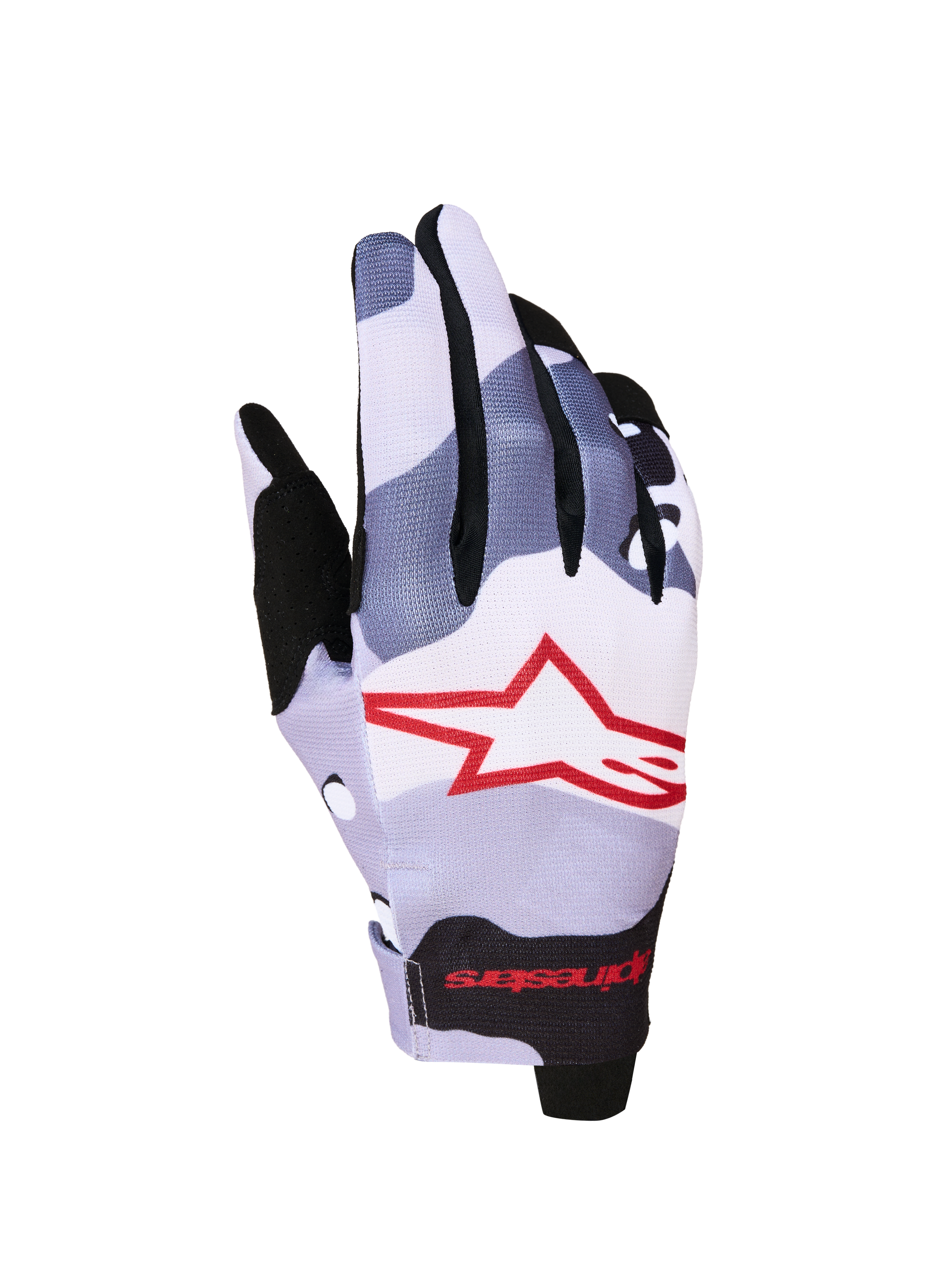 Alpinestars Radar Gloves 2027, Men's Motocross Gloves, Ash Gray and Red, single-layer textile with sublimated star graphic.