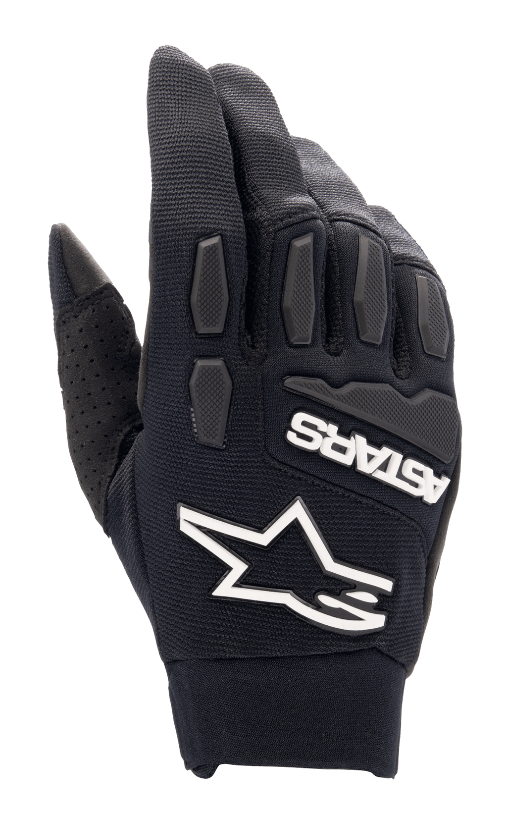 Alpinestars Full Bore XT Gloves, guantes de motocross negros, con logotipo de estrella Alpinestars blanco y marca ASTARS, protección de TPR texturizada en nudillos y dedos, tejido elástico transpirable con detalle de pulgar perforado, diseñados para enduro y conducción off-road