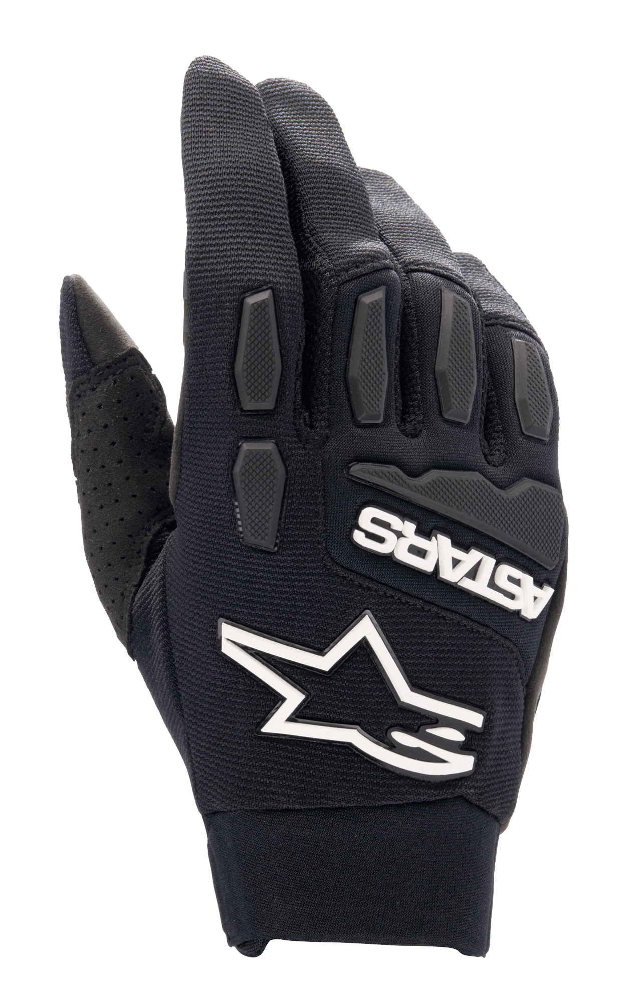 Alpinestars Full Bore XT Gloves, guantes de motocross negros, con logotipo de estrella Alpinestars blanco y marca ASTARS, protección de TPR texturizada en nudillos y dedos, tejido elástico transpirable con detalle de pulgar perforado, diseñados para enduro y conducción off-road