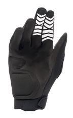 Guantes Alpinestars Full Bore XT, negros, vista de la palma que muestra la construcción de ante sintético con patrones de agarre de chevron blancos en los dedos y cierre de muñeca ergonómico, diseñados para Enduro y conducción off-road.