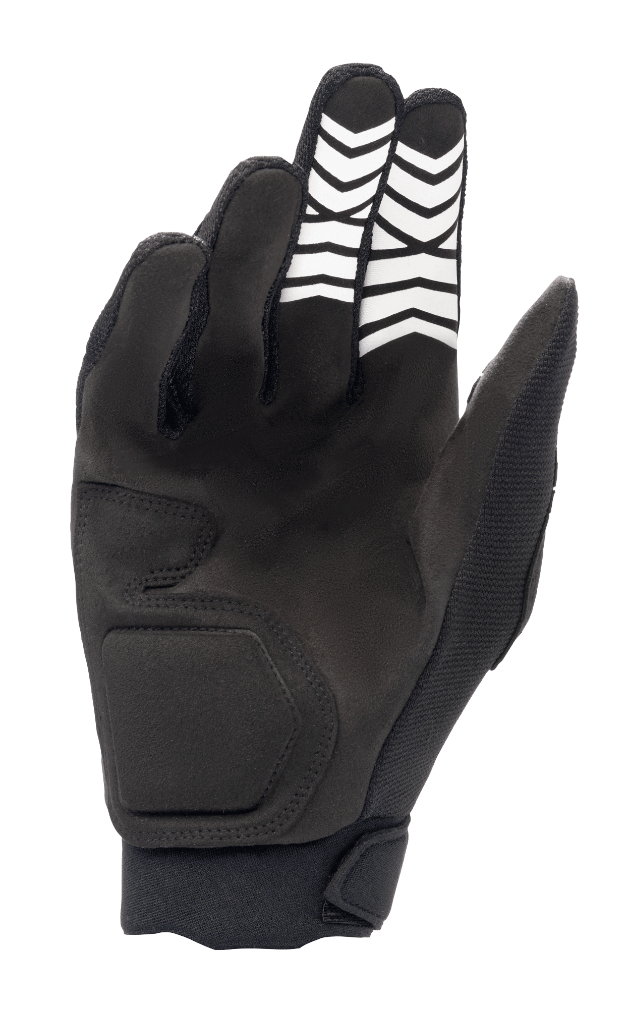 Guantes Alpinestars Full Bore XT, negros, vista de la palma que muestra la construcción de ante sintético con patrones de agarre de chevron blancos en los dedos y cierre de muñeca ergonómico, diseñados para Enduro y conducción off-road.