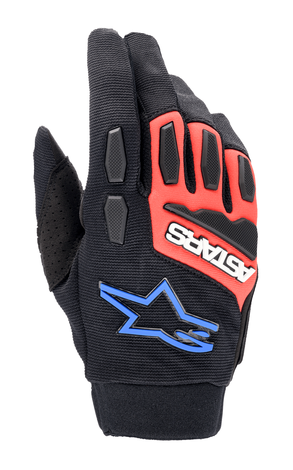 Guantes Alpinestars Full Bore XT, guantes de moto off-road, negro, rojo brillante y azul, con protección de TPR en nudillos y dedos, tejido elástico transpirable, logotipo ASTARS blanco sobre panel rojo y logotipo de estrella azul