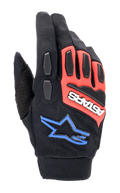 Guantes Alpinestars Full Bore XT, guantes de moto off-road, negro, rojo brillante y azul, con protección de TPR en nudillos y dedos, tejido elástico transpirable, logotipo ASTARS blanco sobre panel rojo y logotipo de estrella azul