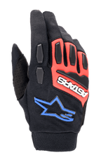 Guantes Alpinestars Full Bore XT, guantes de moto off-road, negro, rojo brillante y azul, con protección de TPR en nudillos y dedos, tejido elástico transpirable, logotipo ASTARS blanco sobre panel rojo y logotipo de estrella azul