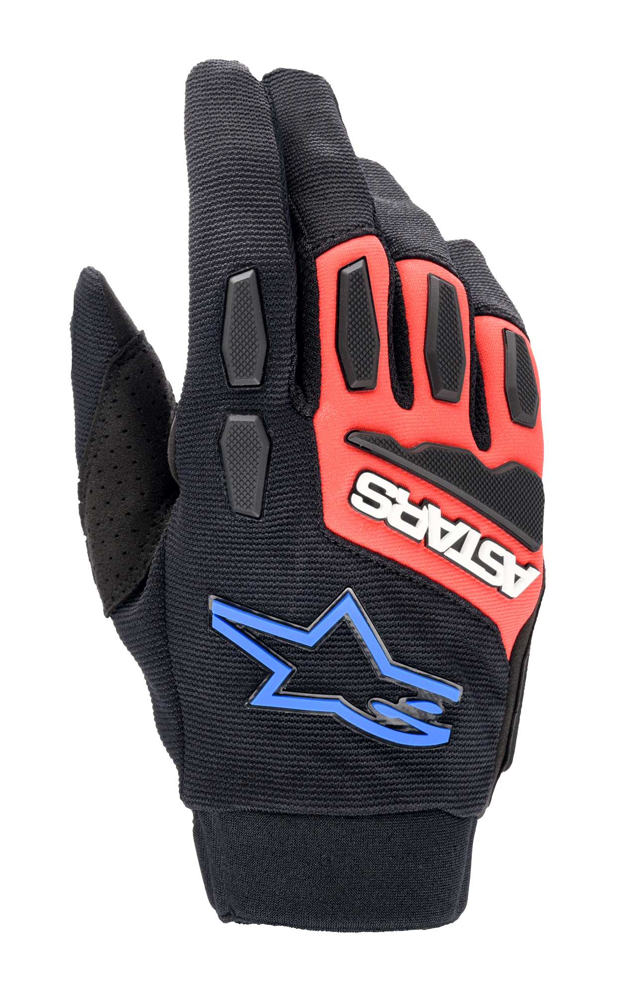 Guantes Alpinestars Full Bore XT, guantes de moto off-road, negro, rojo brillante y azul, con protección de TPR en nudillos y dedos, tejido elástico transpirable, logotipo ASTARS blanco sobre panel rojo y logotipo de estrella azul