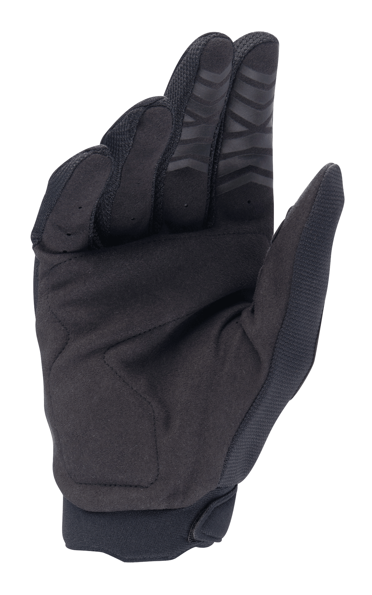 Alpinestars Honda Full Bore Gloves, Motocross Gloves, Black, palm view featuring synthetic suede for durability, silicon grip on fingertips, and reinforced thumb patch, designed for off-road performance