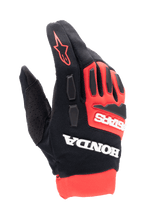 Alpinestars Honda Full Bore Gloves, Motocross Gloves, Bright Red and Black, bold white Honda and Astars branding, TPR knuckle guards, breathable stretch textile construction, and red star logo on finger, sporty off-road racing design
