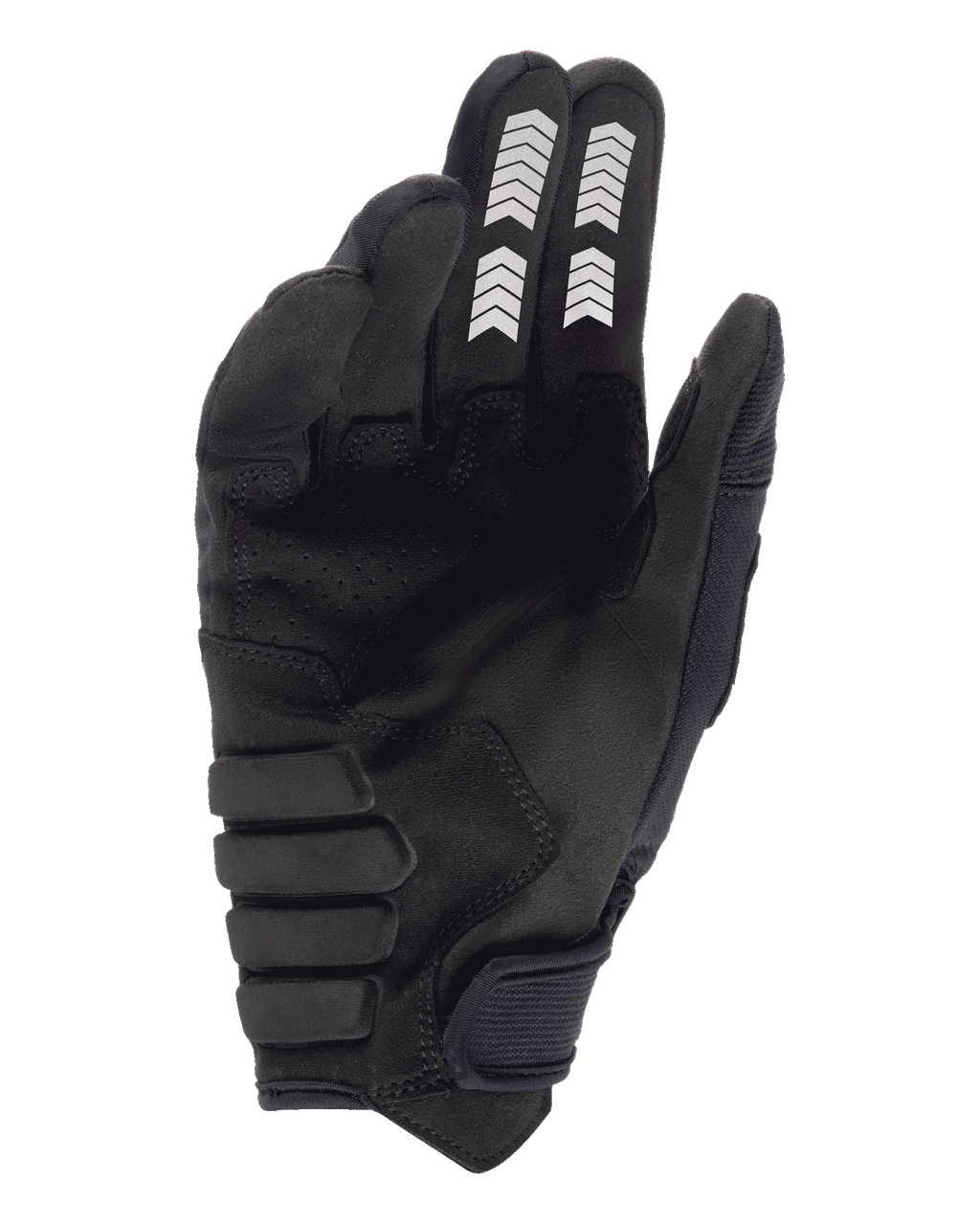 Guantes Alpinestars Techdura, guantes de enduro, negros, vista de la palma con construcción de ante sintético, gráficos de galones blancos en los dedos índice y corazón, palma acolchada reforzada y correa de muñeca con cierre de gancho y bucle