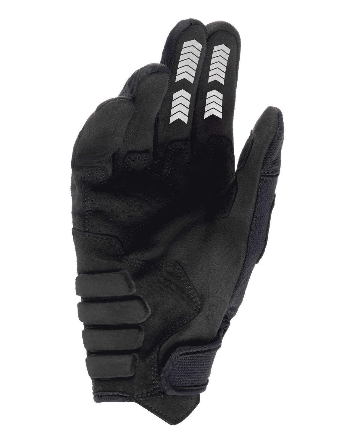 Guantes Alpinestars Techdura, guantes de enduro, negros, vista de la palma con construcción de ante sintético, gráficos de galones blancos en los dedos índice y corazón, palma acolchada reforzada y correa de muñeca con cierre de gancho y bucle