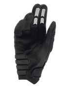 Guantes Alpinestars Techdura, guantes de enduro, negros, vista de la palma con construcción de ante sintético, gráficos de galones blancos en los dedos índice y corazón, palma acolchada reforzada y correa de muñeca con cierre de gancho y bucle