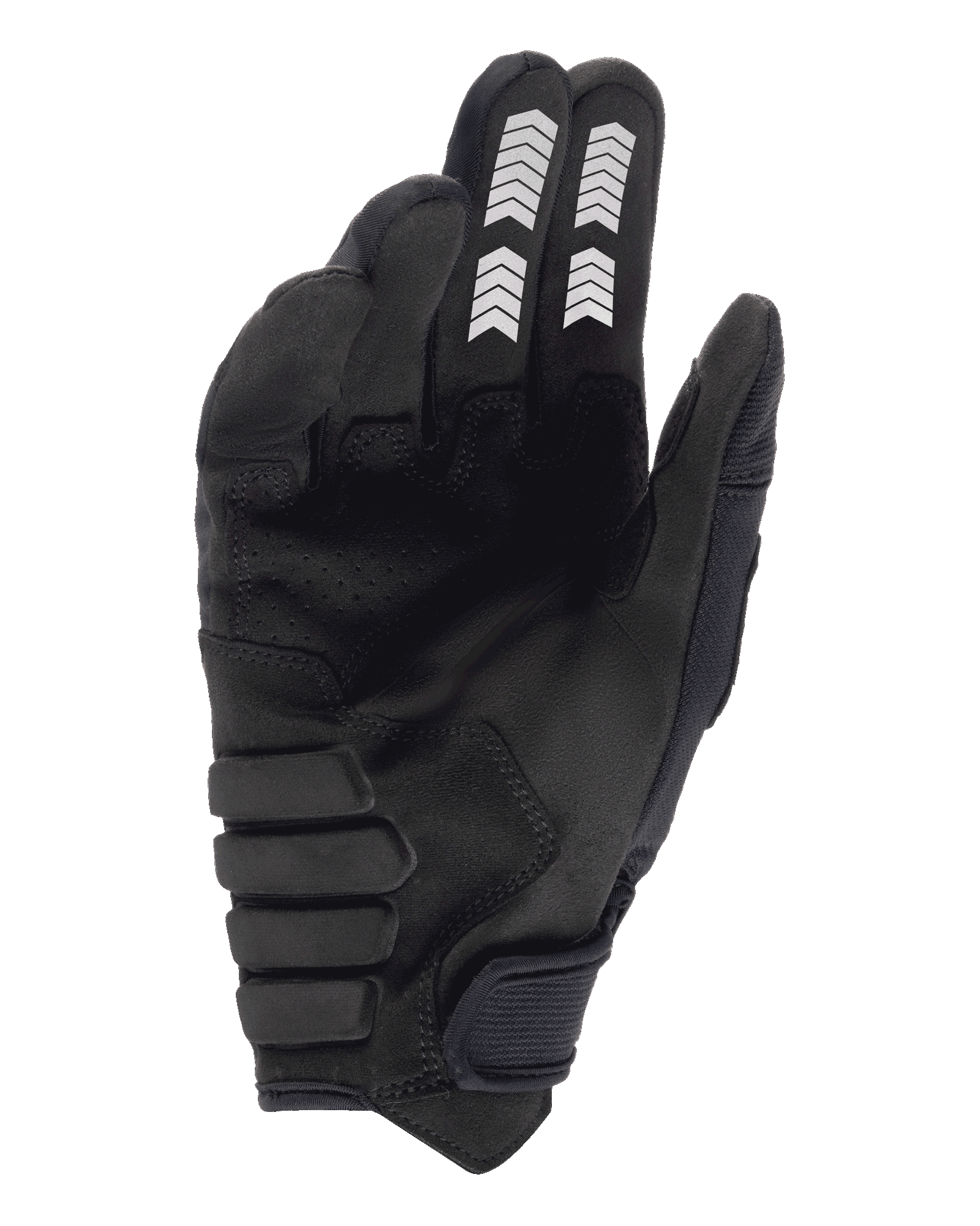 Guantes Alpinestars Techdura, guantes de enduro, negros, vista de la palma con construcción de ante sintético, gráficos de galones blancos en los dedos índice y corazón, palma acolchada reforzada y correa de muñeca con cierre de gancho y bucle