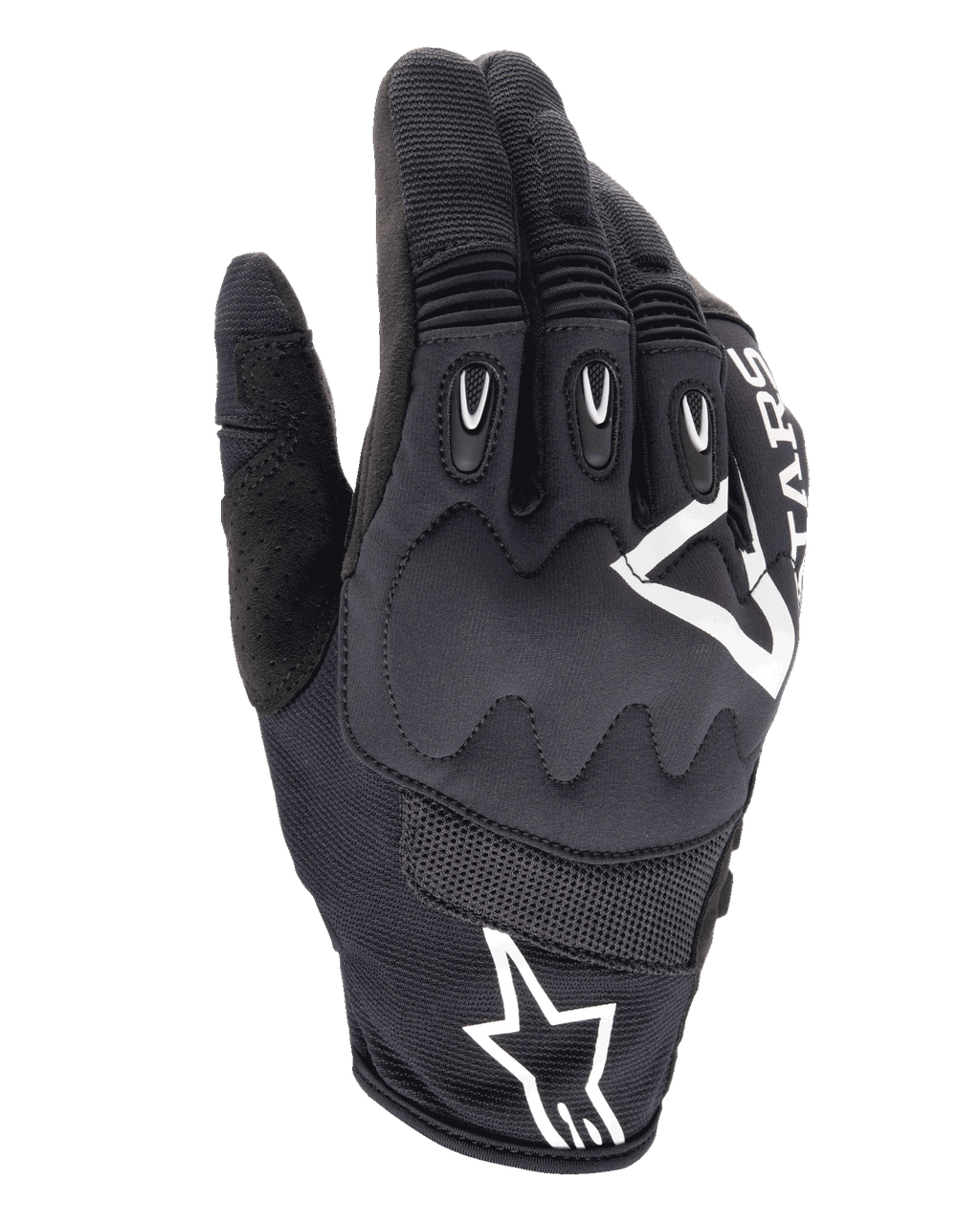Guantes Alpinestars Techdura, guantes de moto para enduro, negros con logo Alpinestars blanco, protección de nudillos viscoelástica, inserciones de TPR en los dedos, construcción de malla transpirable y tejido elástico, equipamiento para conducción off-road
