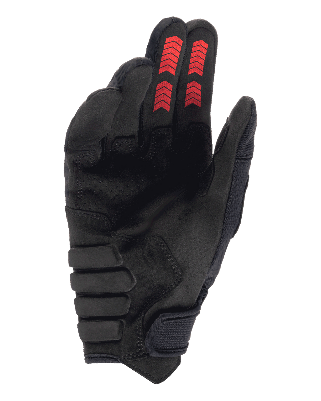 Guantes Alpinestars Techdura, guantes para enduro y off-road, color negro con rojo fuego, vista de la palma con ante sintético reforzado, gráficos de chevrones rojos en las puntas de los dedos y cierre de muñeca de gancho y bucle.