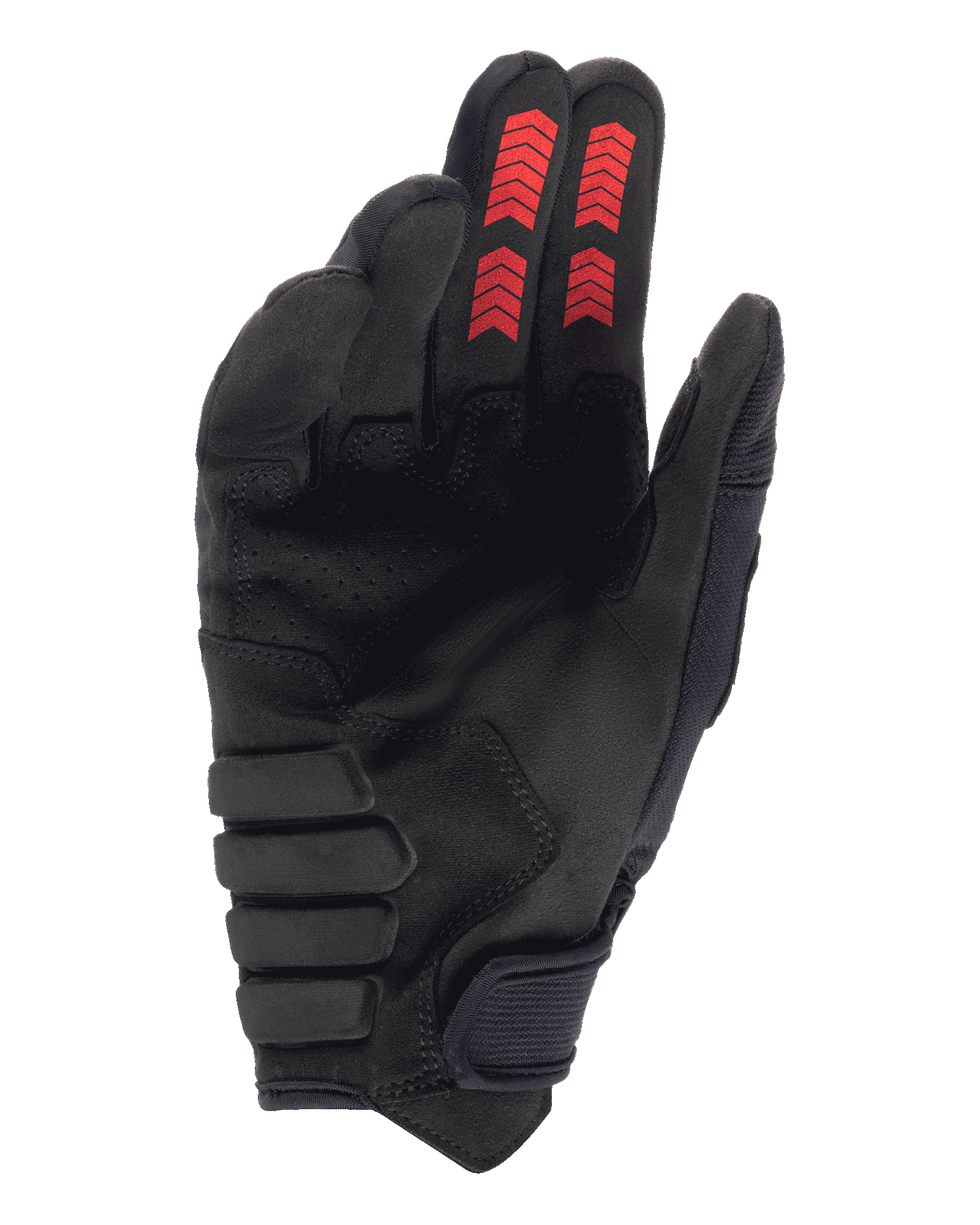 Guantes Alpinestars Techdura, guantes para enduro y off-road, color negro con rojo fuego, vista de la palma con ante sintético reforzado, gráficos de chevrones rojos en las puntas de los dedos y cierre de muñeca de gancho y bucle.