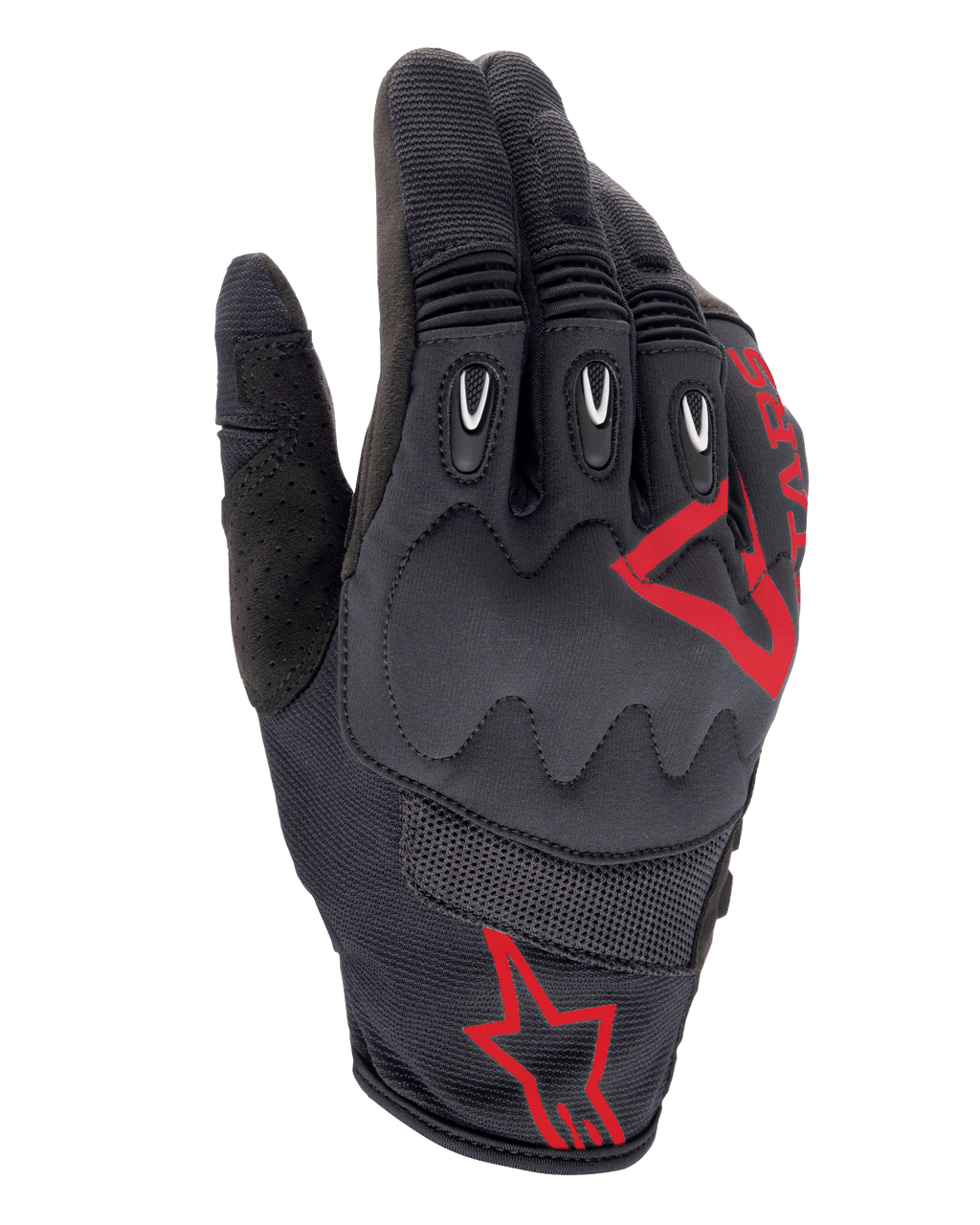 Alpinestars Techdura Gloves, Rojo Fuego Negro, guantes de motocross y enduro, tejido texturizado negro con logos de estrella rojos, protección reforzada en nudillos y dedos, paneles de malla transpirable, equipamiento duradero para moto off-road