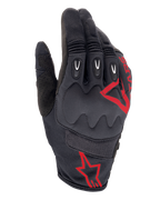 Alpinestars Techdura Gloves, Rojo Fuego Negro, guantes de motocross y enduro, tejido texturizado negro con logos de estrella rojos, protección reforzada en nudillos y dedos, paneles de malla transpirable, equipamiento duradero para moto off-road