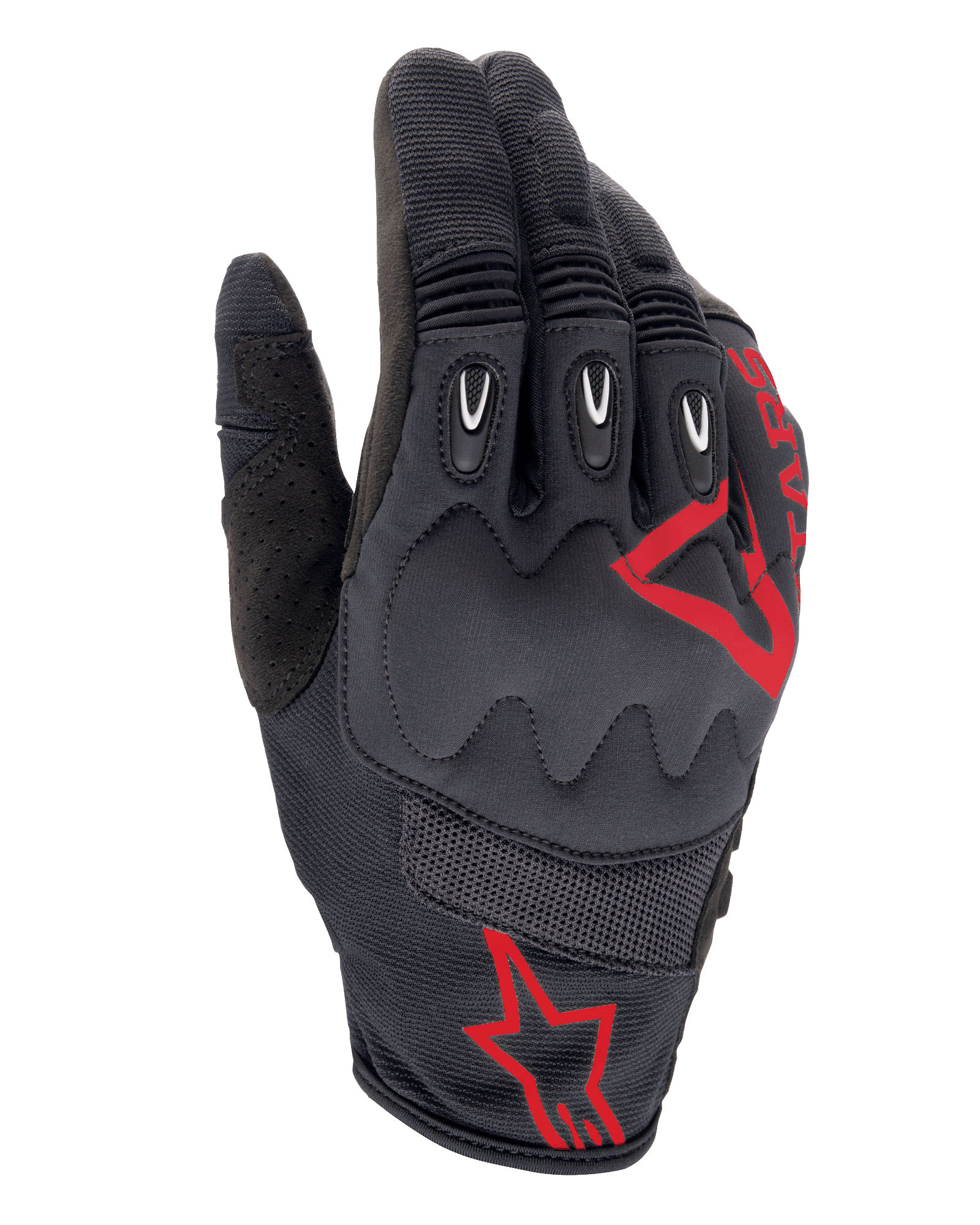 Alpinestars Techdura Gloves, Rojo Fuego Negro, guantes de motocross y enduro, tejido texturizado negro con logos de estrella rojos, protección reforzada en nudillos y dedos, paneles de malla transpirable, equipamiento duradero para moto off-road