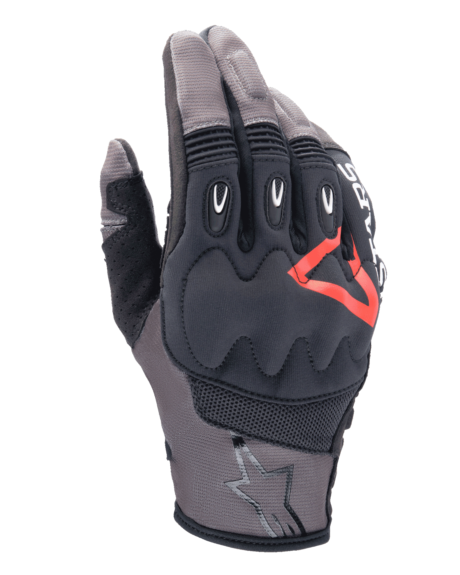 Guantes Alpinestars Techdura, guantes de moto, marrón Falcon y negro con detalles rojos, protección acolchada en los nudillos, malla transpirable y tejido elástico, inserciones protectoras en los dedos, logo de estrella en el puño